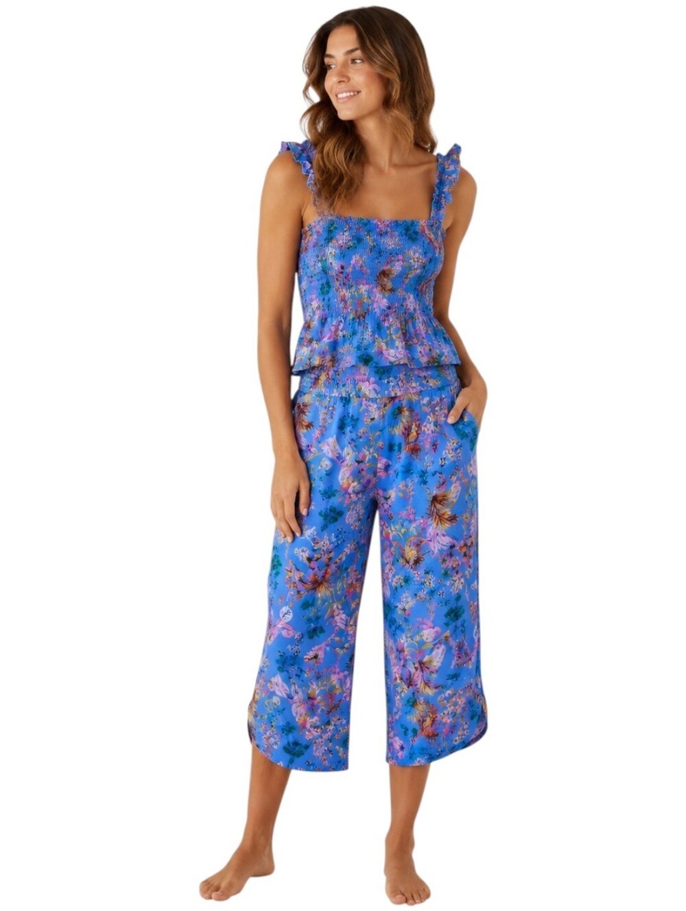 Soma Blue Floral Smocked Lounge Set Cropped Wide Leg Pants Women's M/L